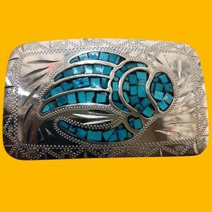 Johnson & Held Vintage Handcrafted Silver Belt Buckle Turquoise Inlay Bear Paw